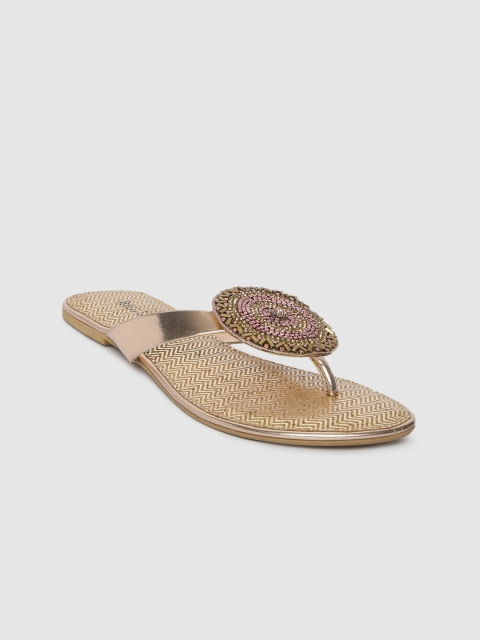 

Inc 5 Women Gold-Toned & Pink Embellished Open Toe Flats