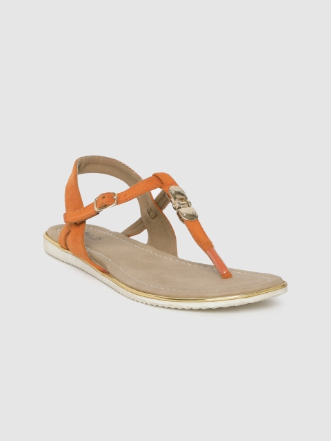 

Inc 5 Women Orange Solid Suede T-Strap Flats