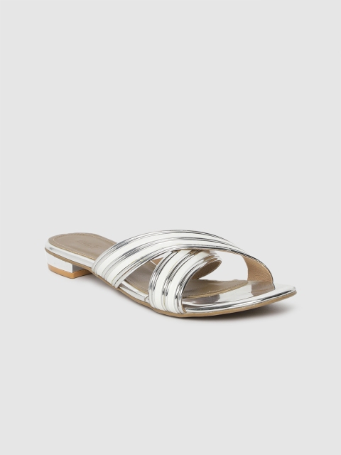 

Inc 5 Women Silver-Toned & White Colourblocked Open Toe Flats