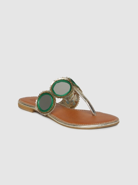 

Inc 5 Women Gold-Toned & Green Embellished Open Toe Flats