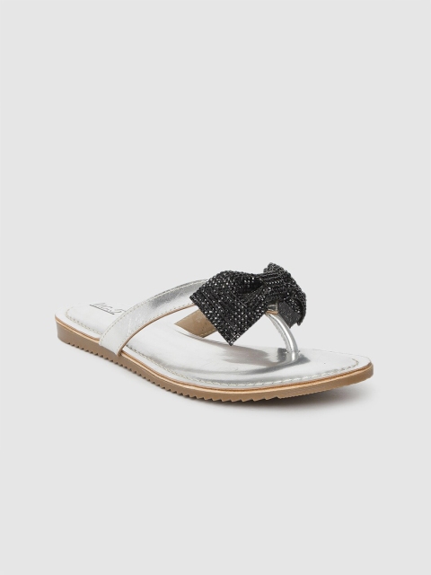 

Inc 5 Women Silver-Toned & Black Embellished Open Toe Flats