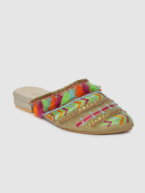 

Inc 5 Women Beige Embellished Suede Mules