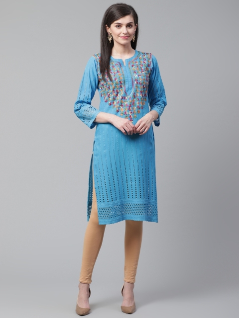 

Saadgi Women Blue & Orange Chikankari Embroidered Handloom Straight Kurta