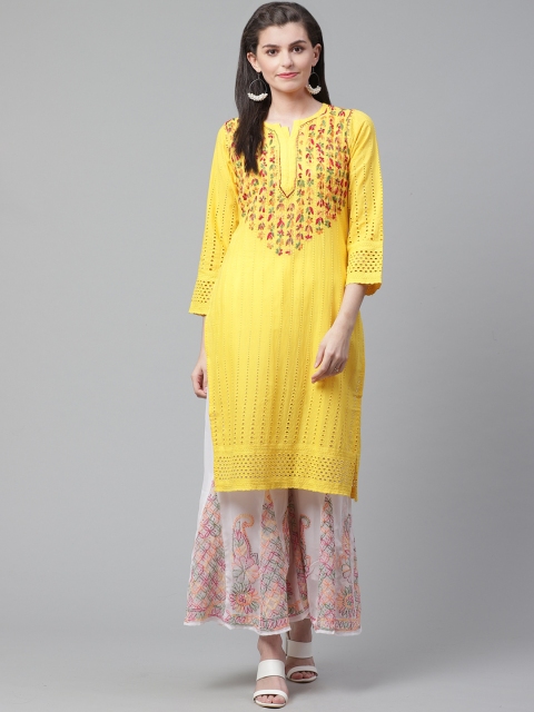 

Saadgi Women Yellow & Red Chikankari Embroidered Handloom Straight Kurta