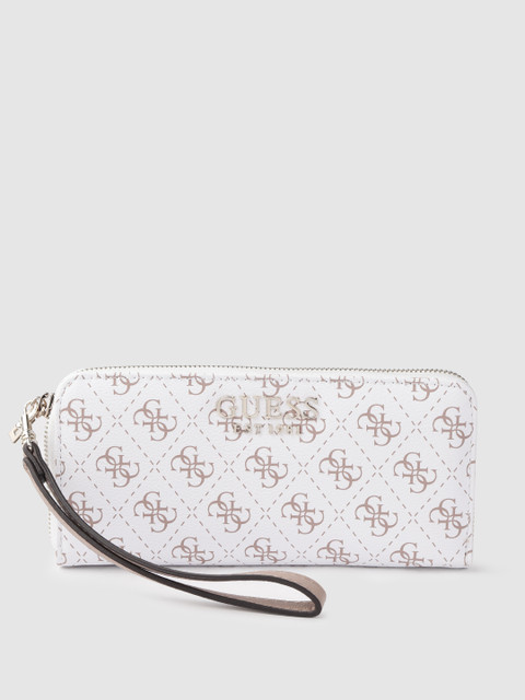 

GUESS Women White & Beige Brand Logo Printed Zip Around Wallet