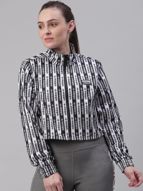

ADIDAS Originals Women White & Black Brand Logo Striped Crop Track Top