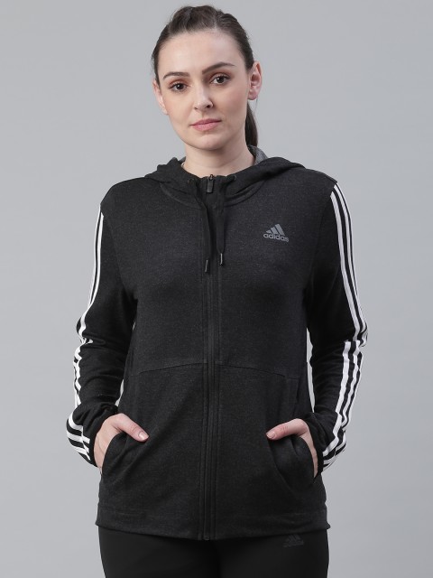 

ADIDAS Black Women Solid 3-Stripes Full-Zip Hooded Training Sweatshirt