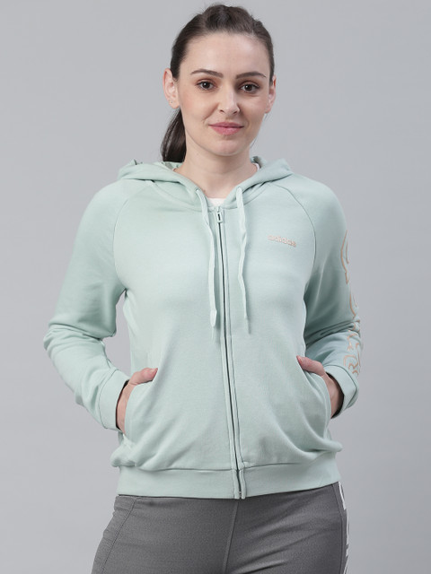 

ADIDAS Women Sea Green Solid Essentials Brand Hooded Track Sweatshirt