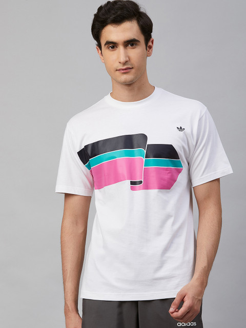 

ADIDAS Originals Men White & Pink Ripple Striped Round Neck T-Shirt