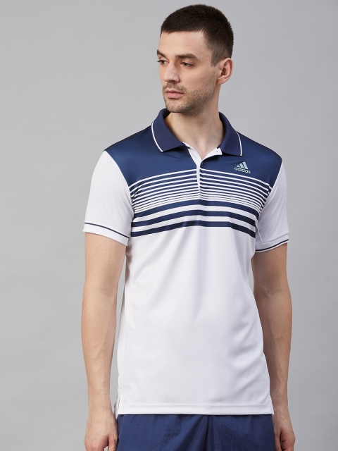 

ADIDAS Men White & Blue Club CCT PQ Polo Striped Tennis T-Shirt