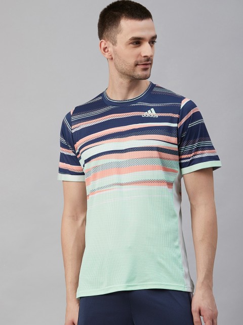 

ADIDAS Men Sea Green & Navy Blue Slim Fit Freelift Heat.Rdy Striped Tennis T-Shirt