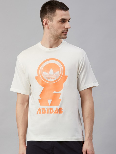 

ADIDAS Unisex Off-White Coral Orange Forsut Brand Logo Printed Pure Cotton T-shirt
