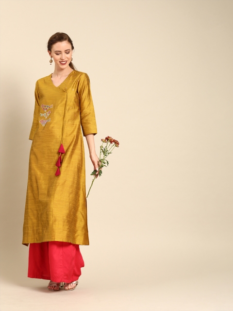 

Varanga Women Mustard Yellow Solid A-Line Kurta With Embroidered Detail