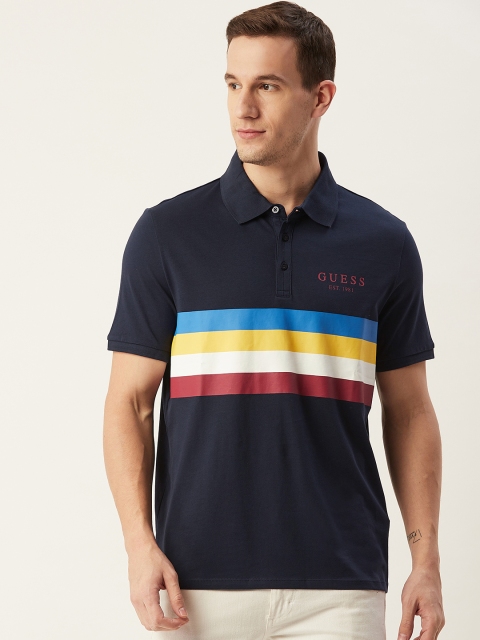 

GUESS Men Navy Blue & White Striped Polo Collar T-shirt