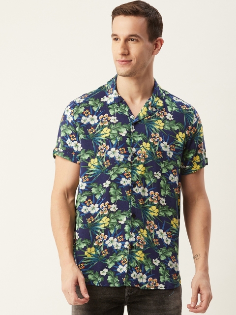 

GUESS Men Navy Blue & Green Regular Fit Tropical Print Casual Shirt