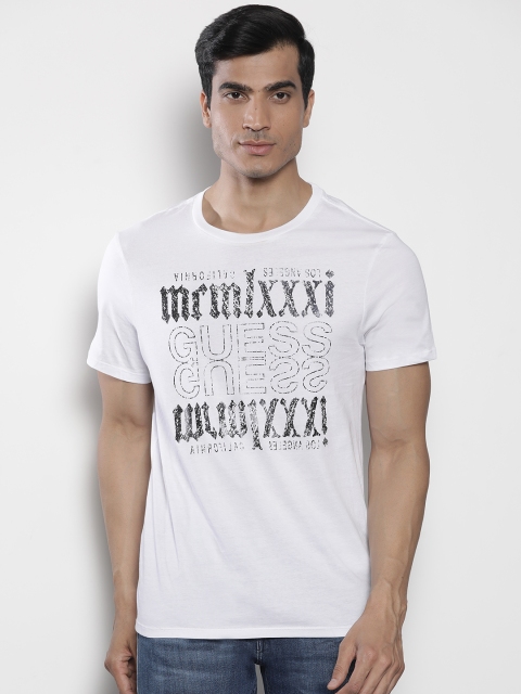 

GUESS Men White & Black Printed Round Neck T-shirt