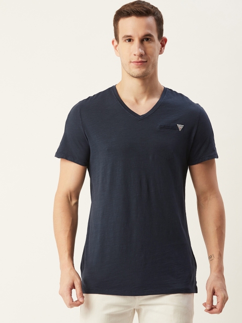 

GUESS Men Navy Blue Solid Organic Cotton V-Neck T-shirt