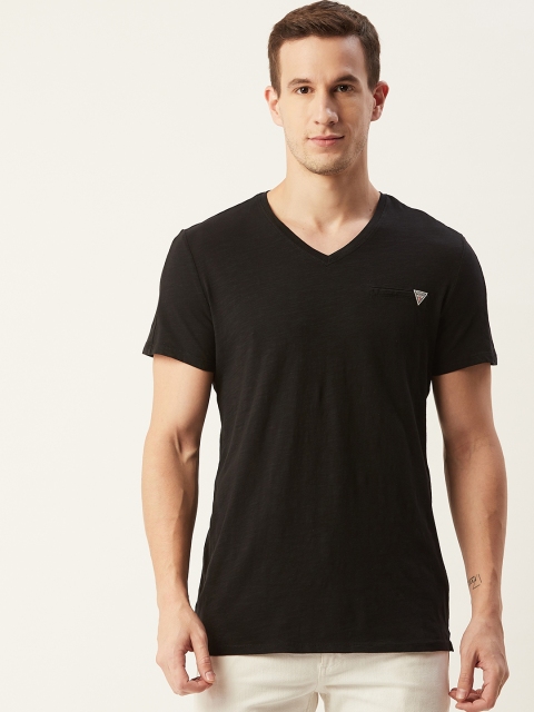 

GUESS Men Black Solid Organic Cotton V-Neck T-shirt