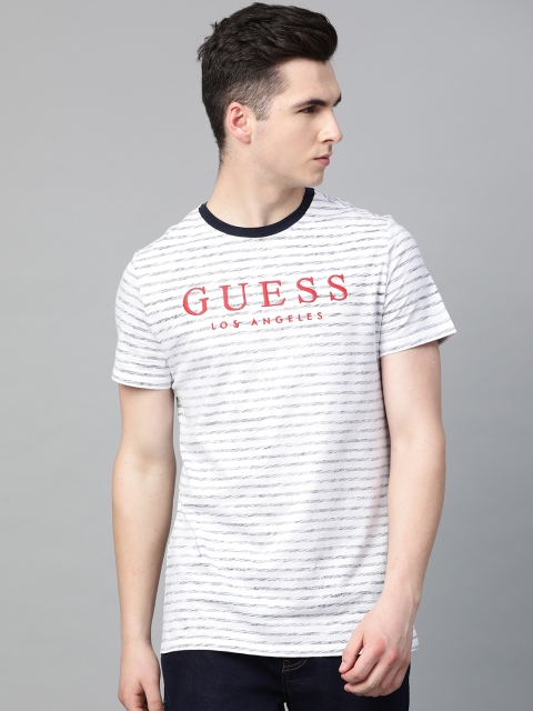 

GUESS Men White & Navy Blue Striped Round Neck T-shirt