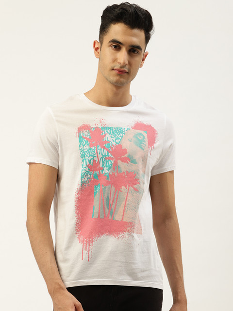 

GUESS Men White & Pink Printed Round Neck T-shirt