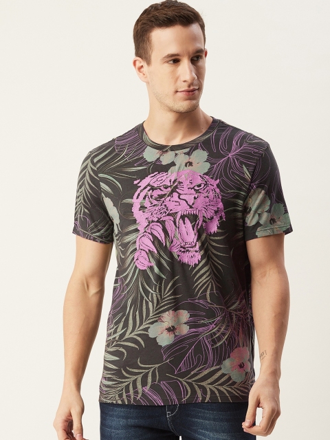 

GUESS Men Charcoal Grey & Green Tropical Print Round Neck T-shirt