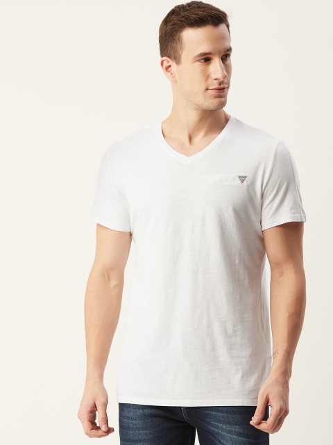 

GUESS Men White Solid Organic Cotton V-Neck T-shirt