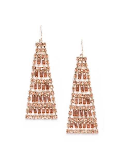 

Forever New Peach-Coloured & Gold-Toned Stone-Studded Geometric Drop Earrings