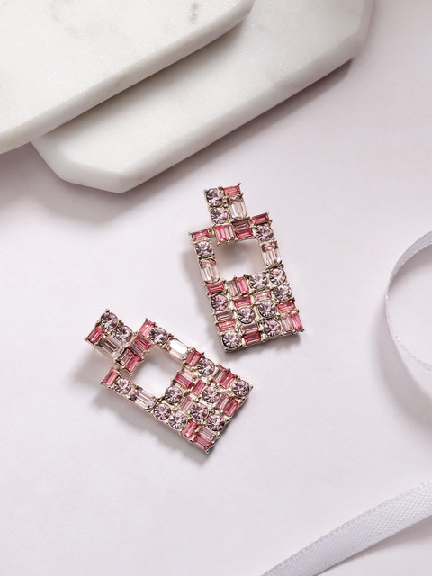 

Forever New Pink Stone-Studded Geometric Drop Earrings
