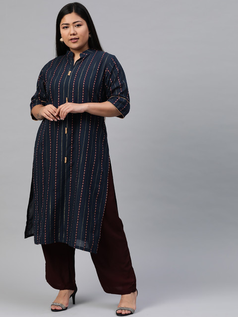 

Anyuka Women Navy Blue & Beige Striped Straight Kurta