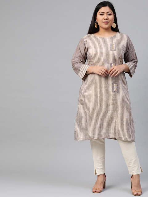 

Anyuka Women Beige & Brown Striped Straight Kurta