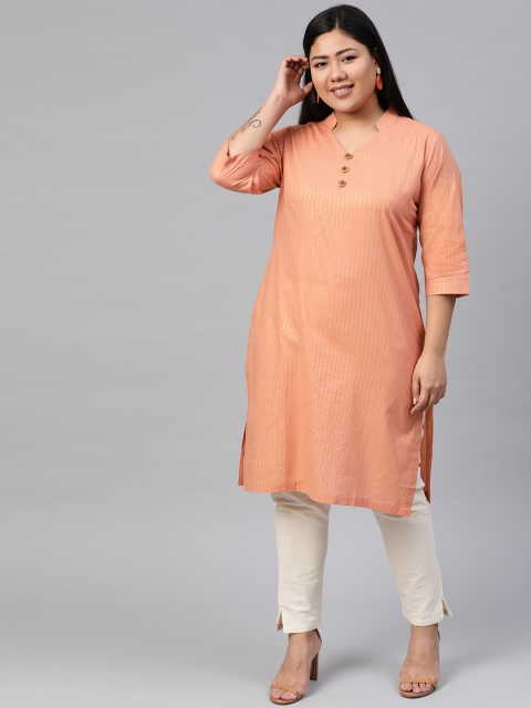 

Anyuka Women Peach-Coloured & Golden Zari Striped Straight Kurta