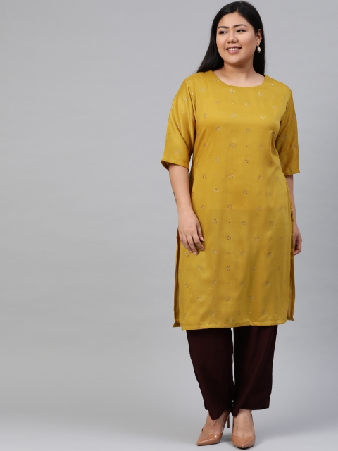 

Anyuka Women Mustard Yellow & Golden Embellished Straight Kurta