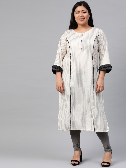 

Anyuka Women Off-White & Navy Blue Striped Straight Kurta