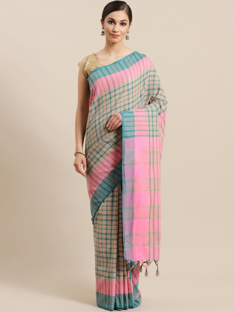 

KALINI Beige & Green Checked Saree