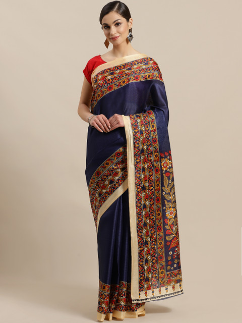 

KALINI Navy Blue & Red Solid Saree