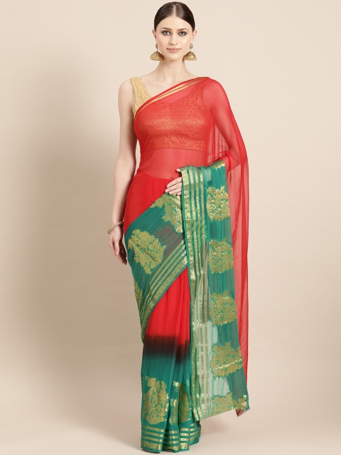 

KALINI Red & Green Solid Saree