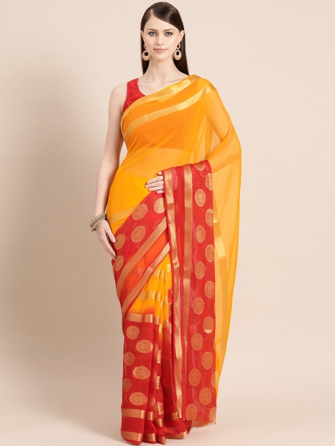 

Mitera Mustard Yellow & Red Woven Design Saree