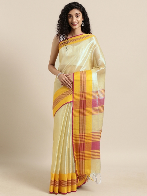 

VASTRANAND Yellow Solid Tissue Linen Saree