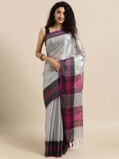 

VASTRANAND Grey Solid Tissue Linen Saree