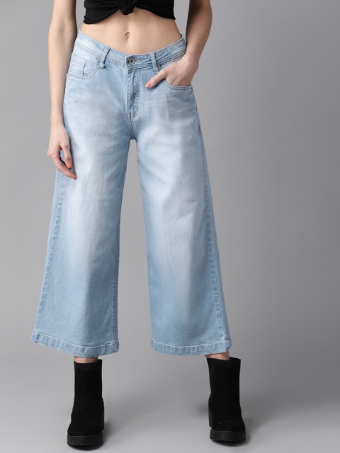 

Roadster Women Blue Regular Fit Wide Leg Mid-Rise Clean Look Stretchable Cropped Jeans
