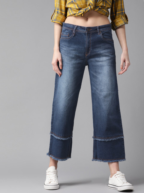 

Roadster Women Blue Wide Leg Flared Mid-Rise Clean Look Stretchable Cropped Jeans