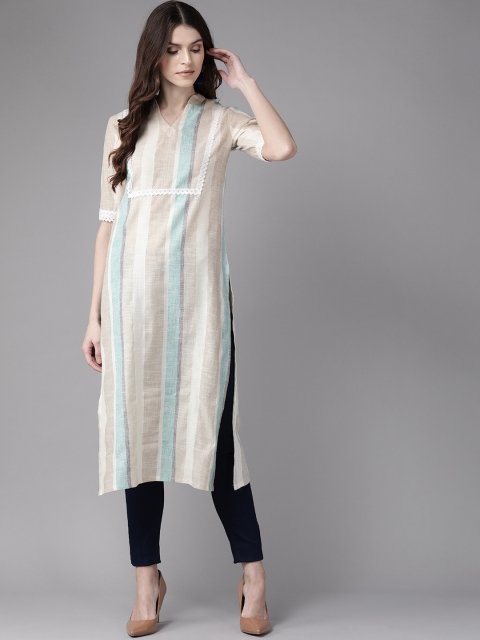

Indo Era Women White & Beige Striped Straight Kurta