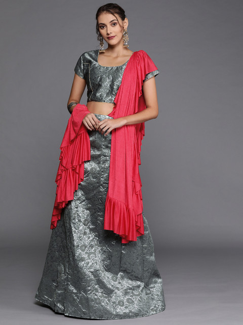 

Mitera Grey Semi-Stitched Lehenga & Blouse with Red Solid Dupatta