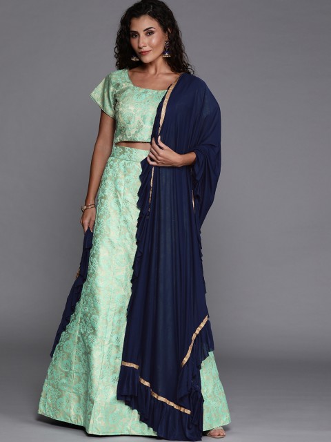 

Mitera Sea Green & Navy Blue Woven Design Semi-Stitched Lehenga & Ready to Wear Blouse with Dupatta