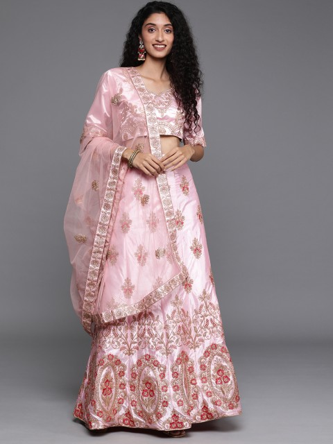 

Mitera Pink & Gold-Toned Embroidered Semi-Stitched Lehenga & Unstitched Blouse with Dupatta