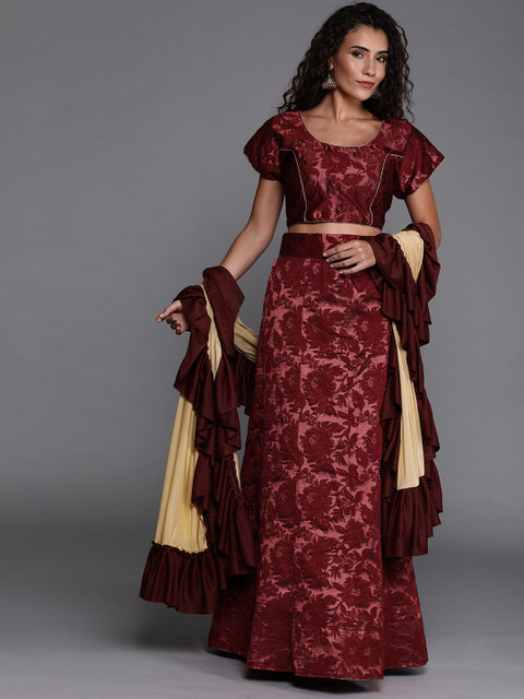 

Mitera Maroon & Beige Woven Design Semi-Stitched Lehenga & Ready to Wear Blouse with Dupatta