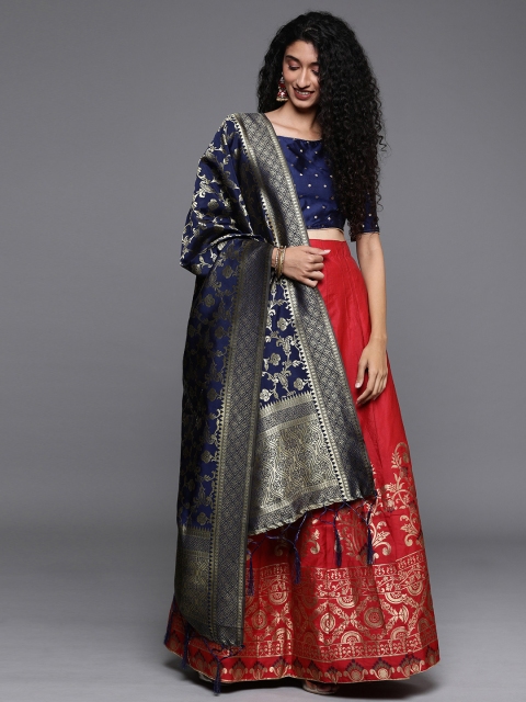 

Mitera Red & Navy Blue Woven Design Semi-Stitched Lehenga & Unstitched Blouse with Dupatta