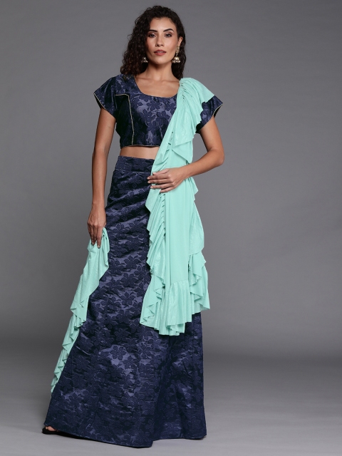

Mitera Navy Blue Woven Design Semi-Stitched Lehenga & Ready to Wear Blouse with Dupatta