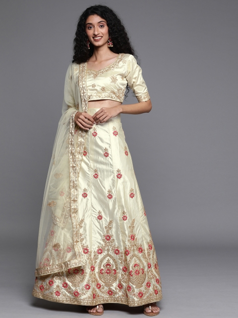 

Mitera Beige & Gold-Toned Embroidered Semi-Stitched Lehenga & Unstitched Blouse with Dupatta