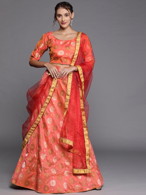 

Mitera Peach-Coloured & Red Woven Design Semi-Stitched Lehenga & Unstitched Blouse with Dupatta